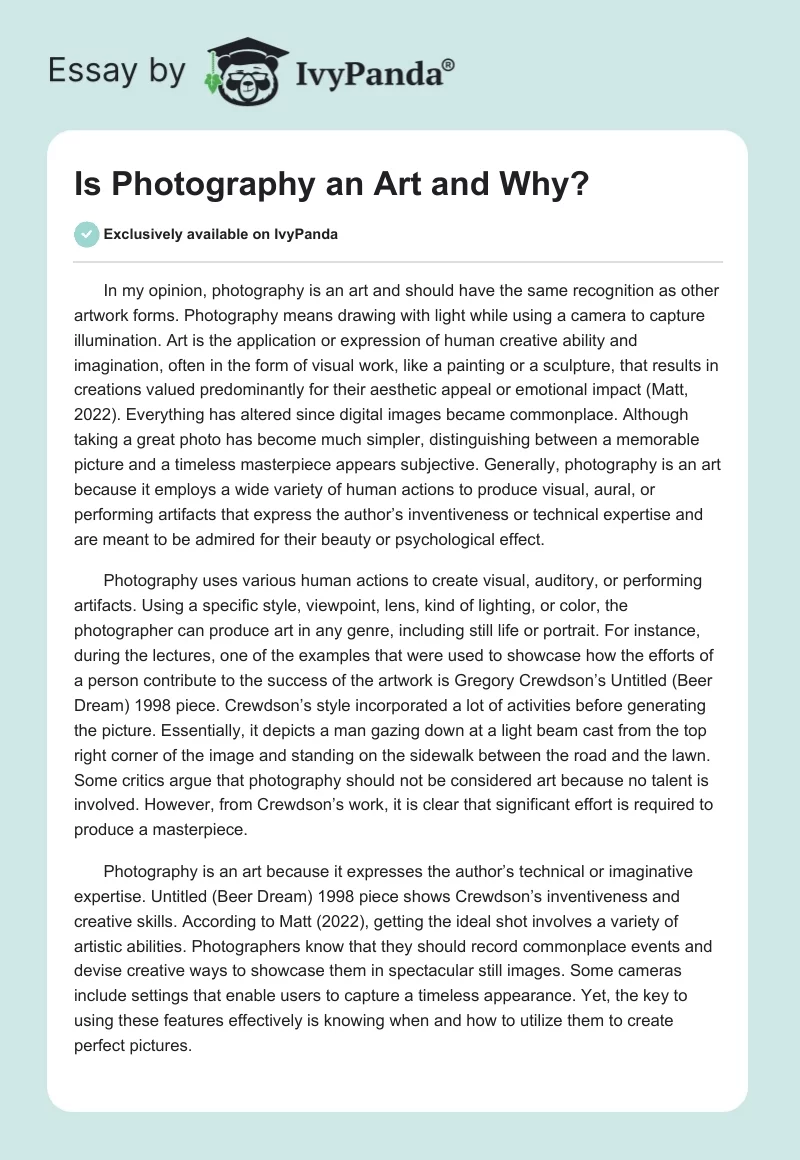 Is Photography an Art and Why?. Page 1