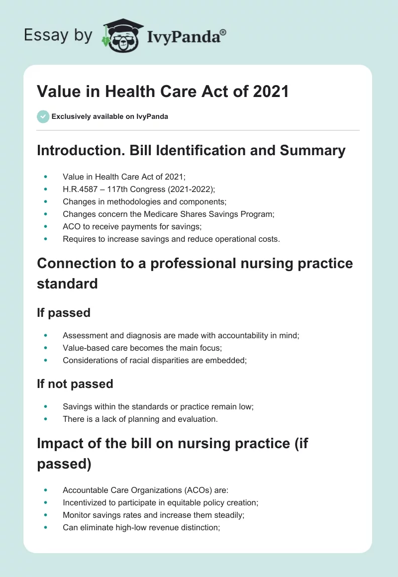 Value in Health Care Act of 2021. Page 1
