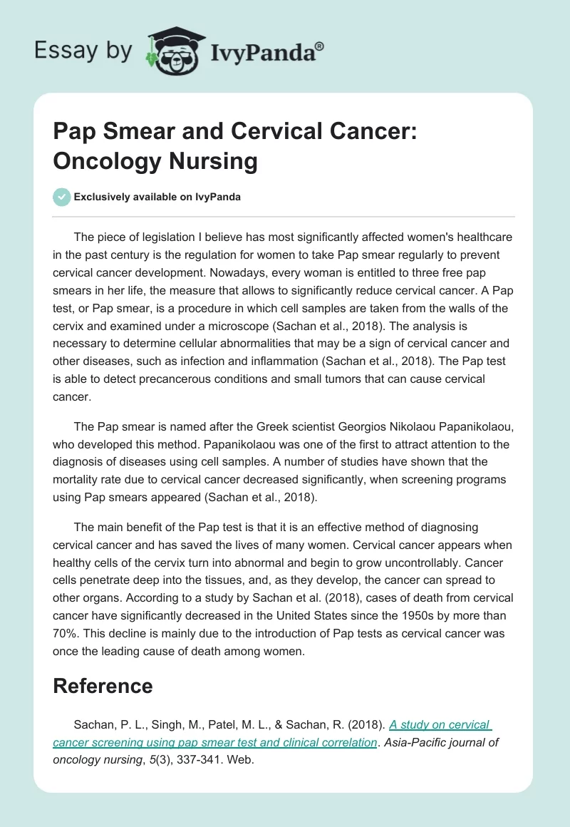 Pap Smear and Cervical Cancer: Oncology Nursing. Page 1