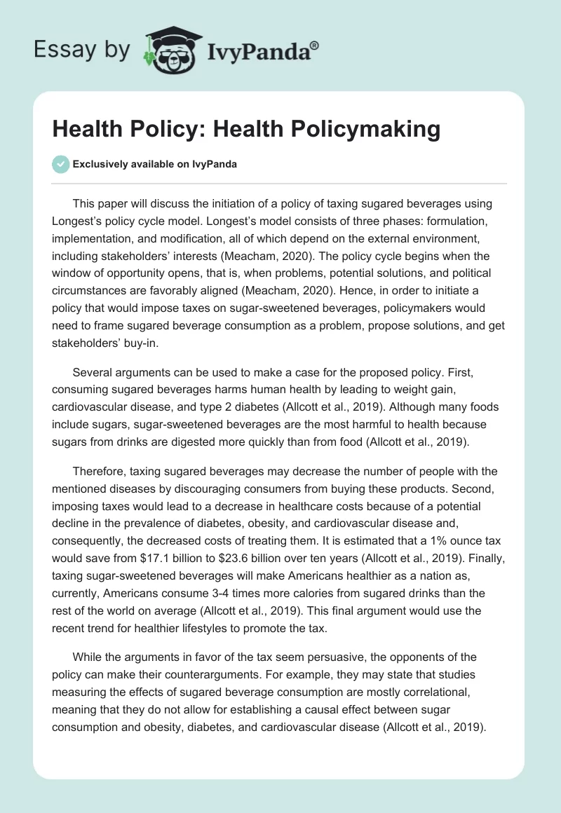 Health Policy: Health Policymaking. Page 1