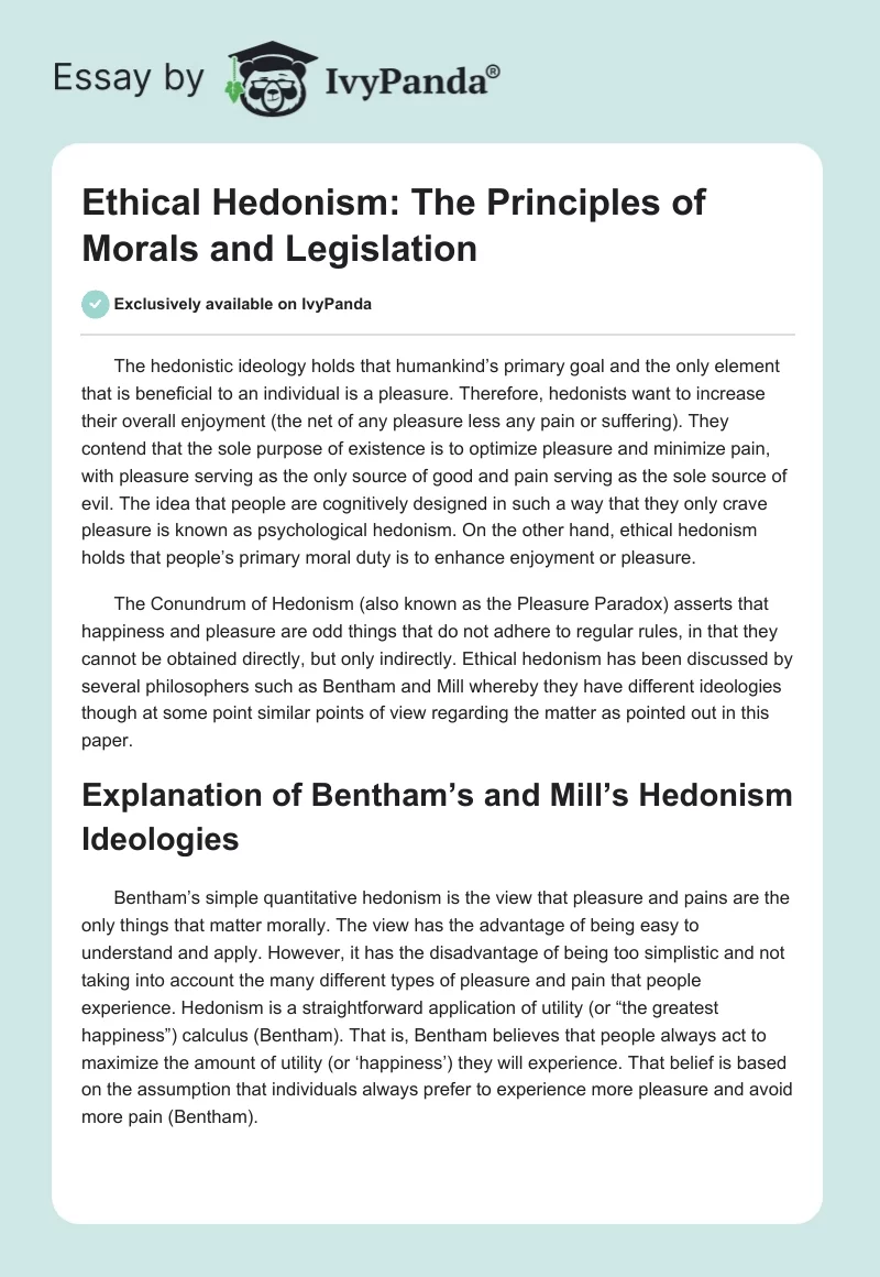 Ethical Hedonism: The Principles of Morals and Legislation. Page 1