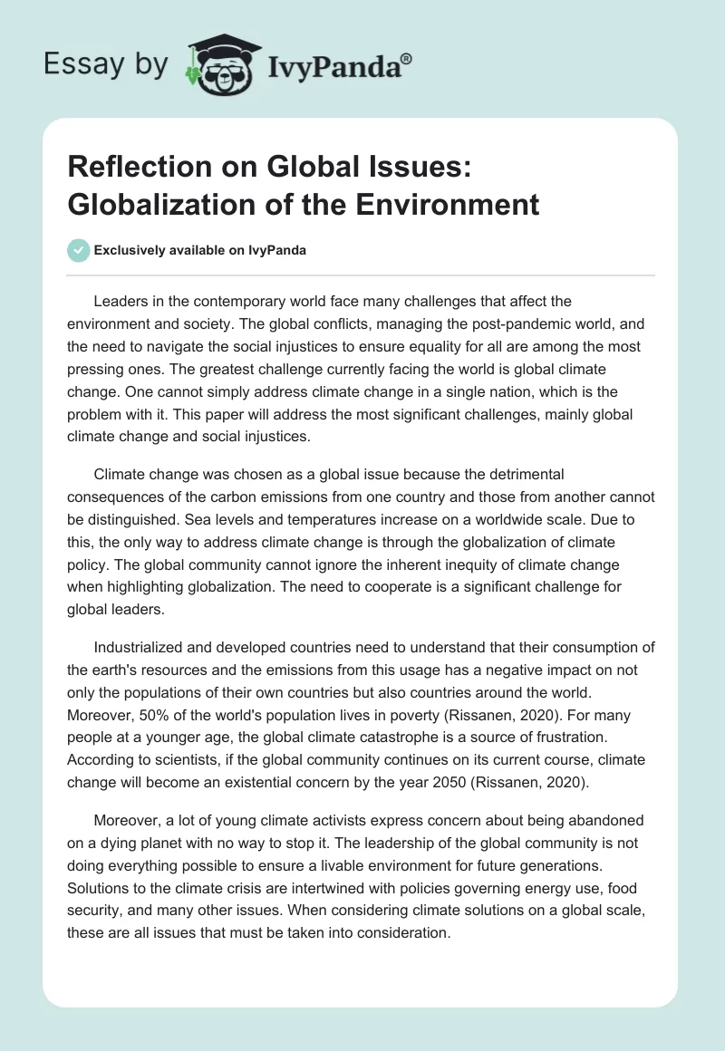 Reflection on Global Issues: Globalization of the Environment. Page 1