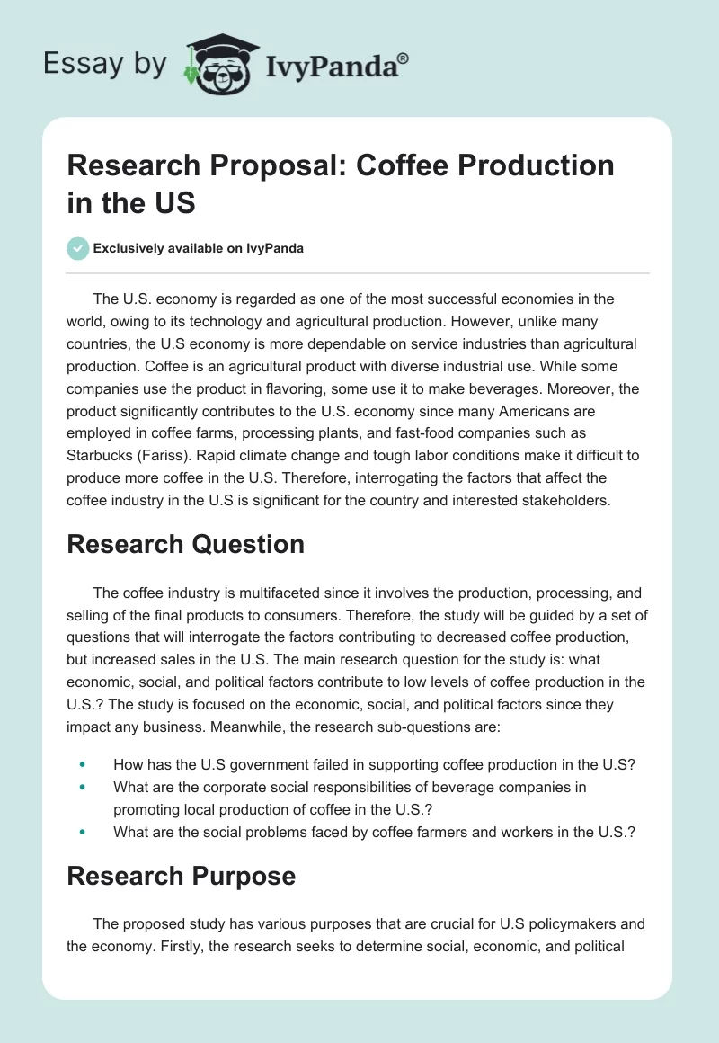 Research Proposal: Coffee Production in the US. Page 1