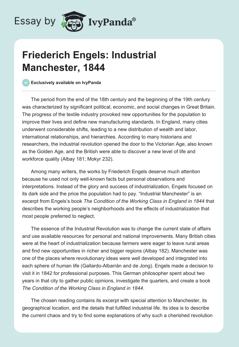Friederich Engels: Industrial Manchester, 1844. Page 1