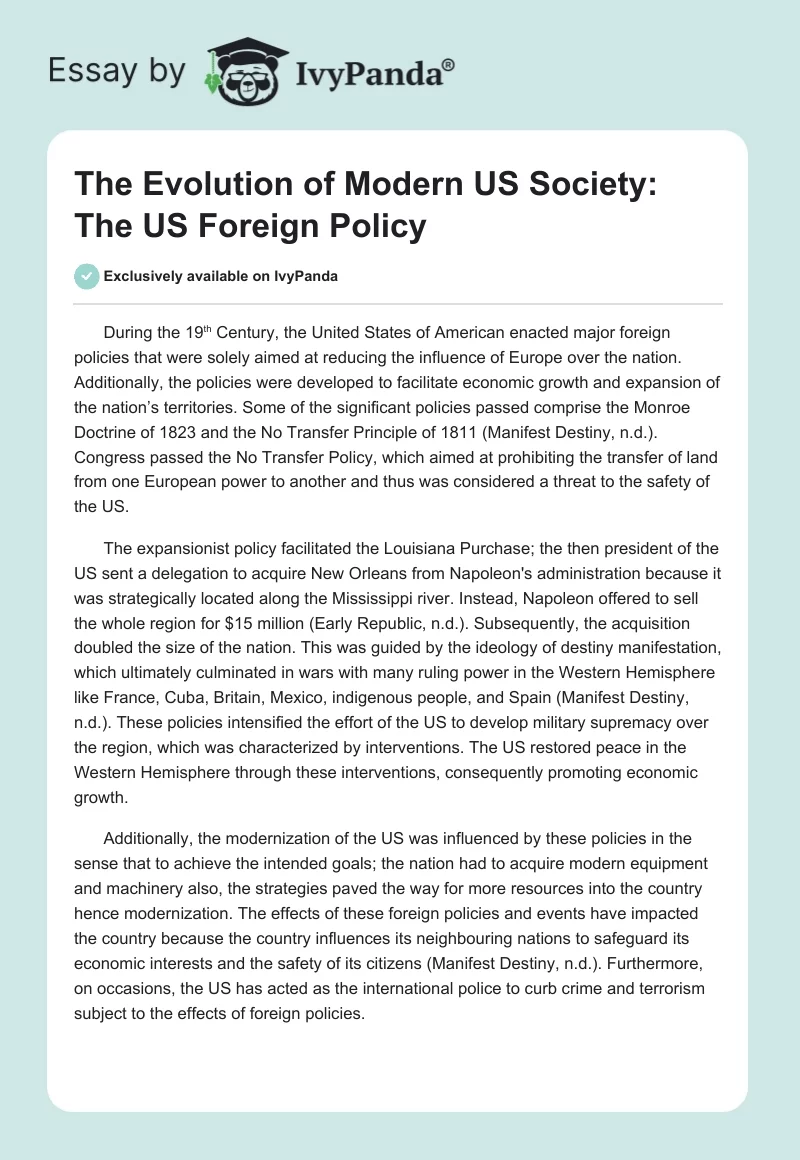 The Evolution of Modern US Society: The US Foreign Policy. Page 1