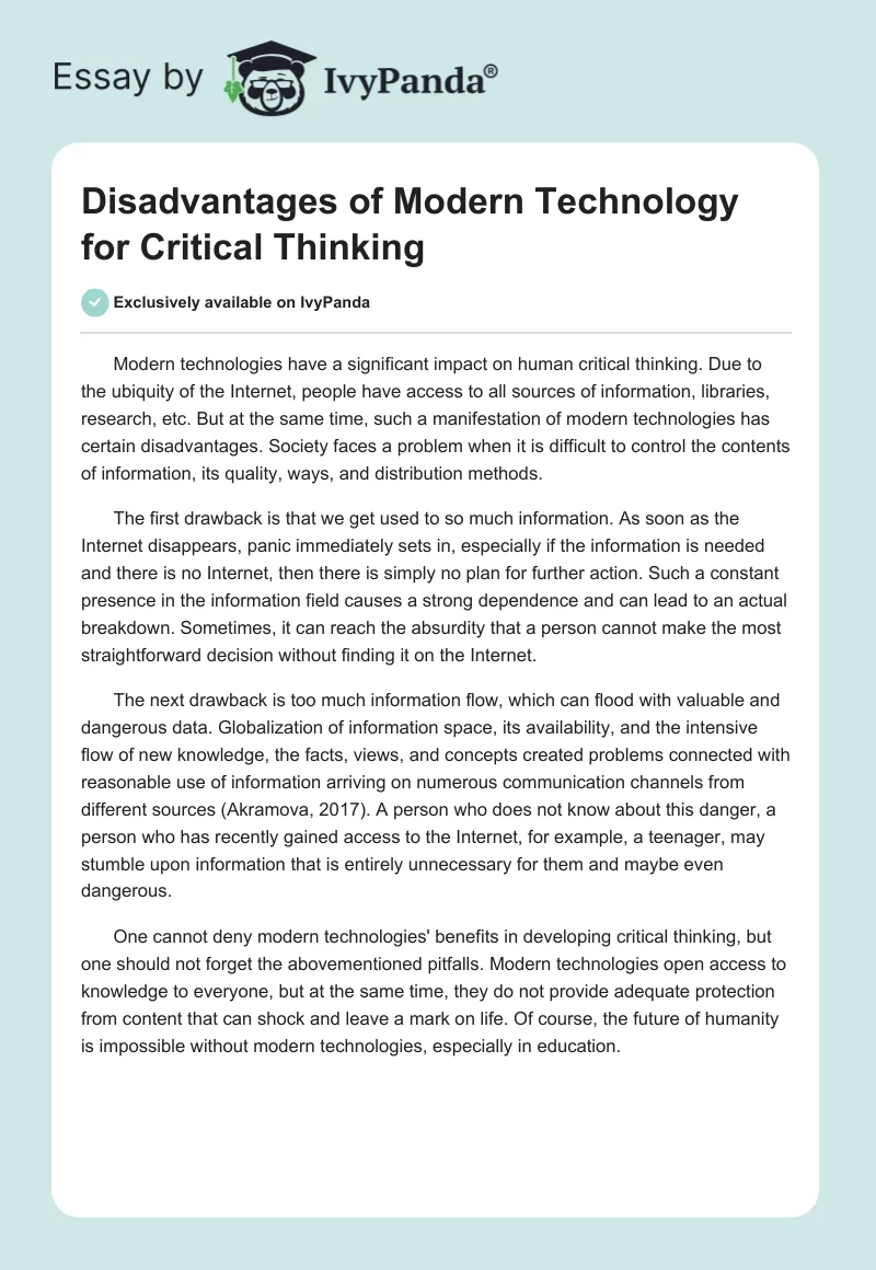 Disadvantages of Modern Technology for Critical Thinking. Page 1