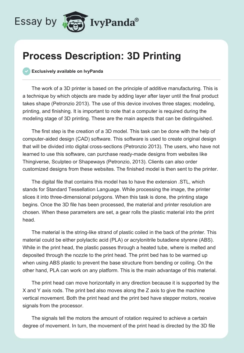 Process Description: 3D Printing. Page 1