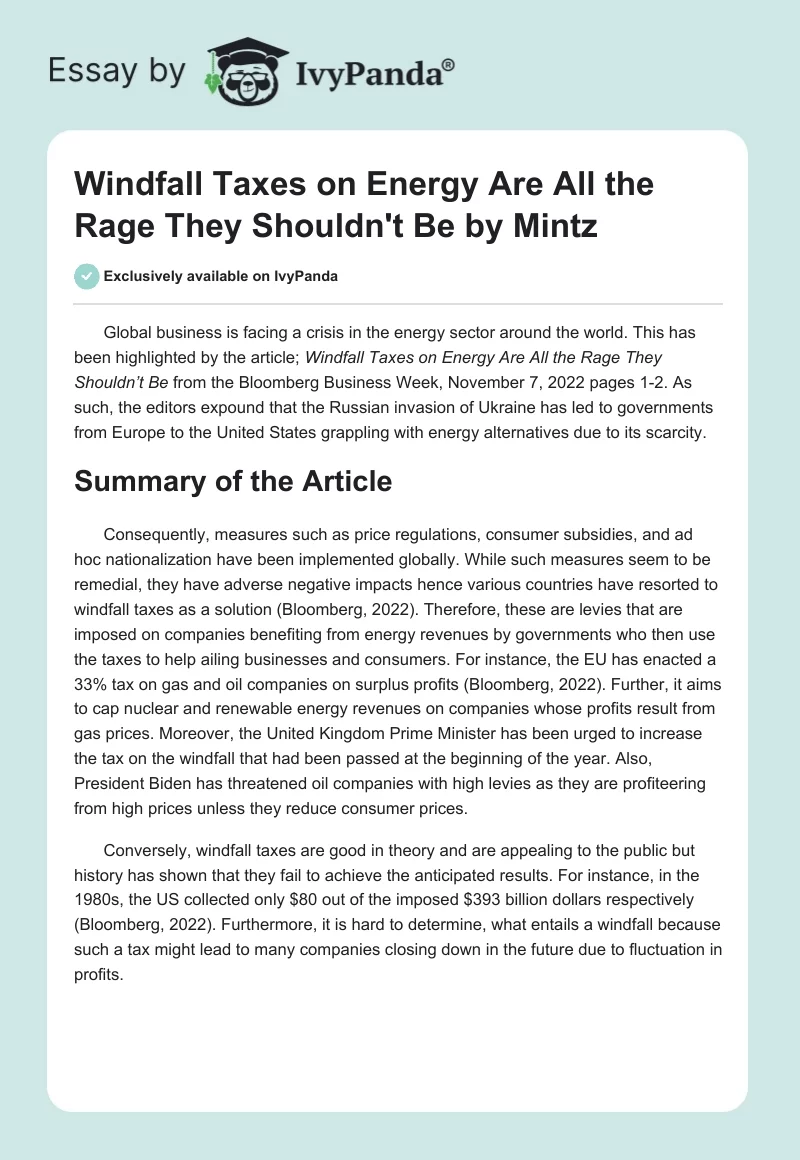 "Windfall Taxes on Energy Are All the Rage They Shouldn't Be" by Mintz. Page 1
