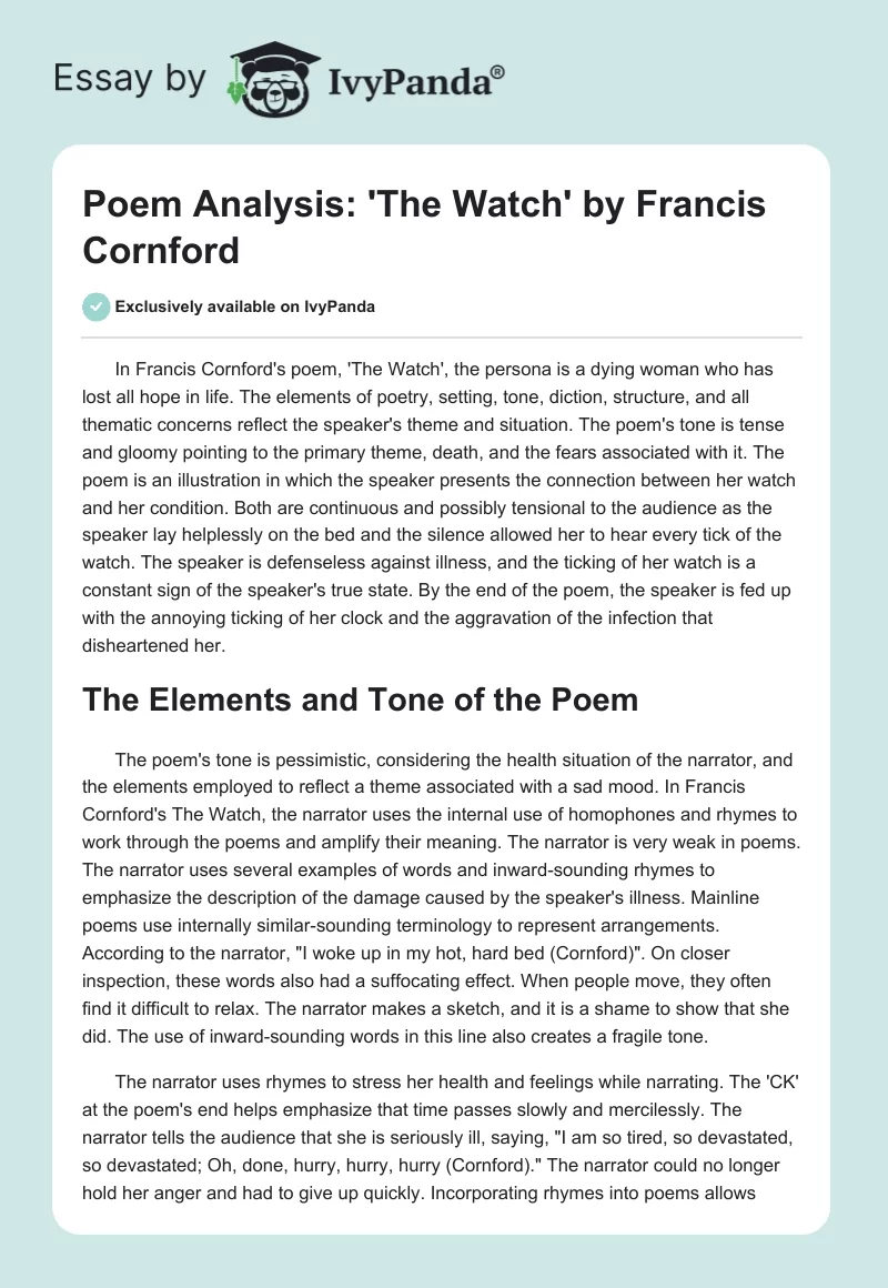 Poem Analysis: 'The Watch' by Francis Cornford. Page 1
