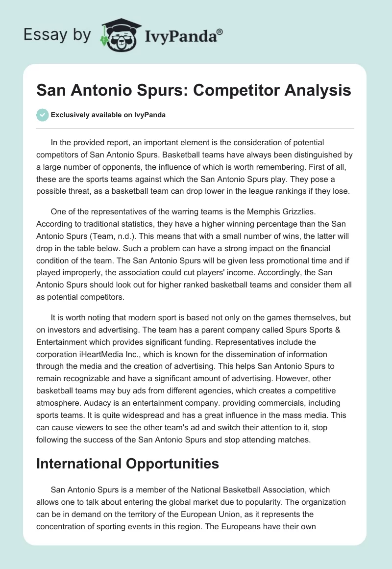 San Antonio Spurs: Competitor Analysis. Page 1