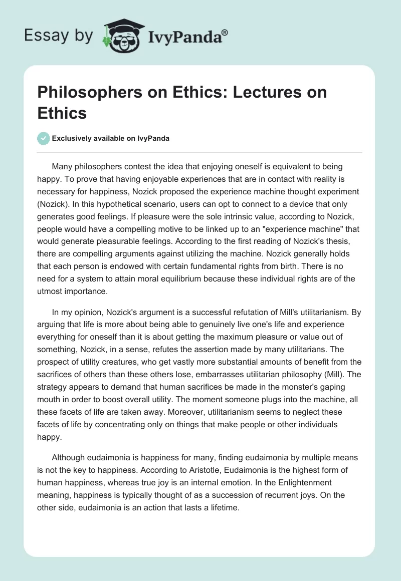 Philosophers on Ethics: Lectures on Ethics. Page 1