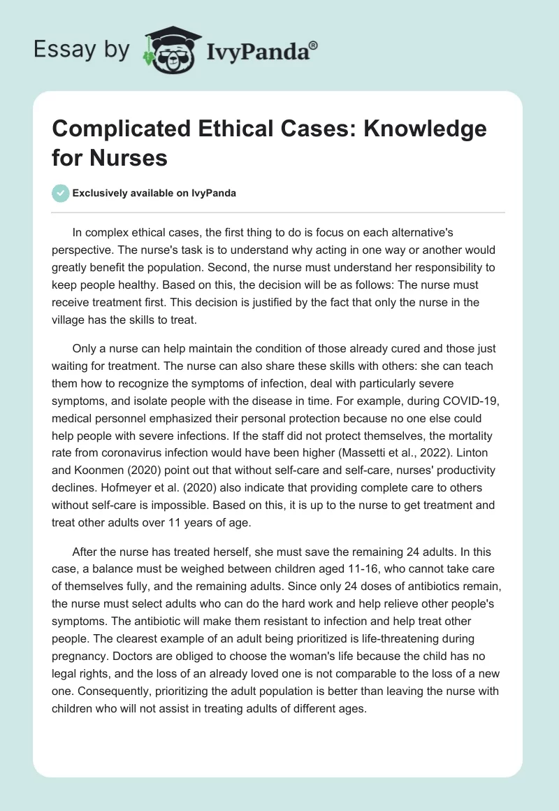Complicated Ethical Cases: Knowledge for Nurses. Page 1