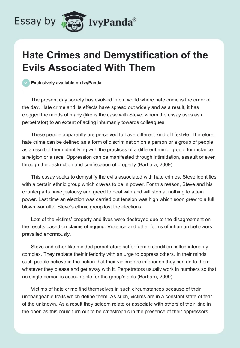 Hate Crimes and Demystification of the Evils Associated With Them. Page 1