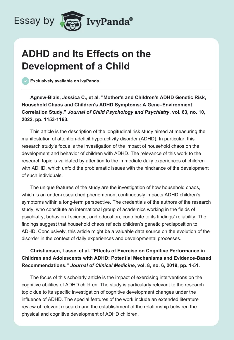 ADHD and Its Effects on the Development of a Child. Page 1
