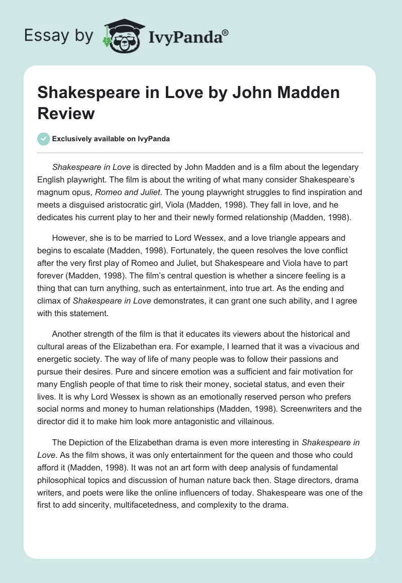 "Shakespeare in Love" by John Madden Review. Page 1