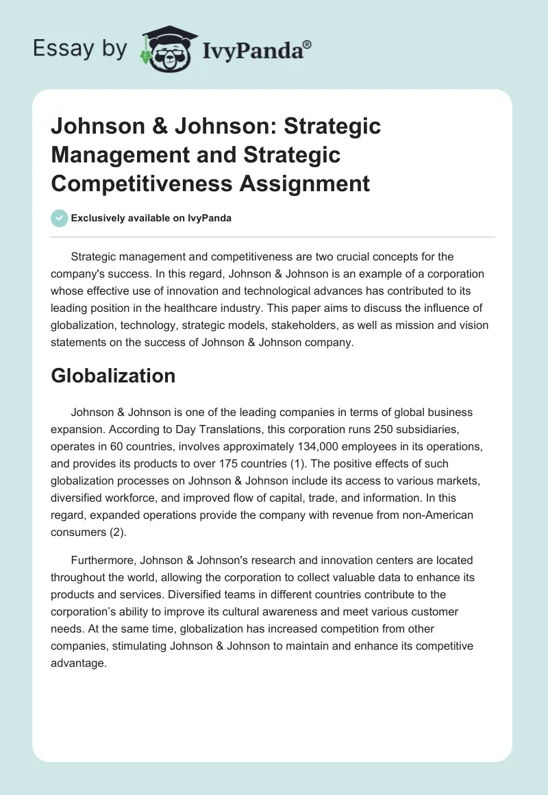 Johnson & Johnson: Strategic Management and Strategic Competitiveness Assignment. Page 1