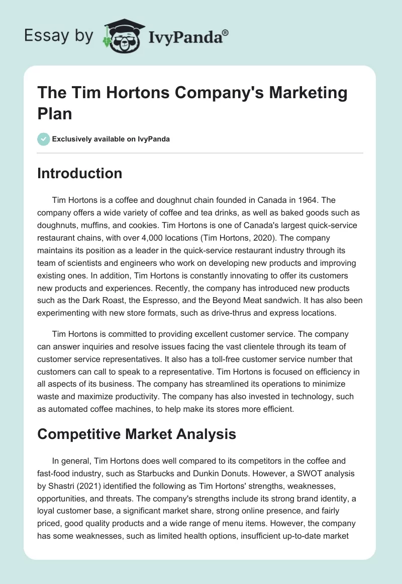 The Tim Hortons Company's Marketing Plan. Page 1