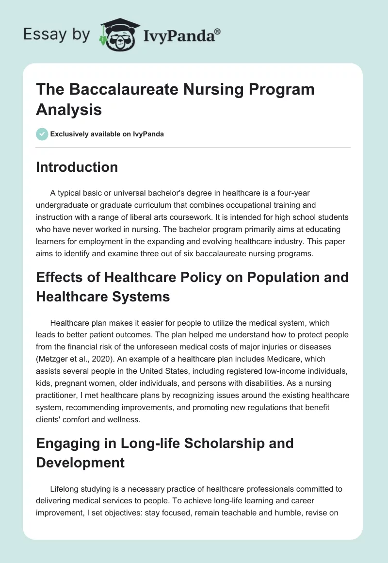 The Baccalaureate Nursing Program Analysis. Page 1