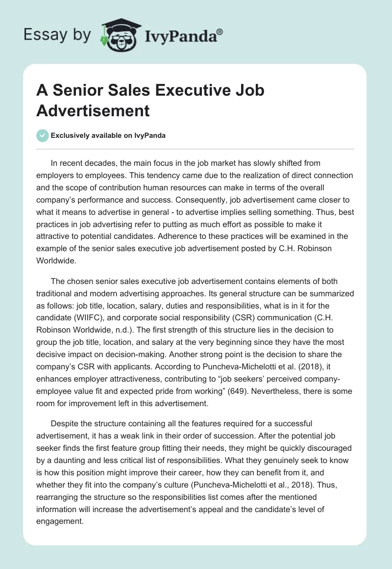 A Senior Sales Executive Job Advertisement. Page 1