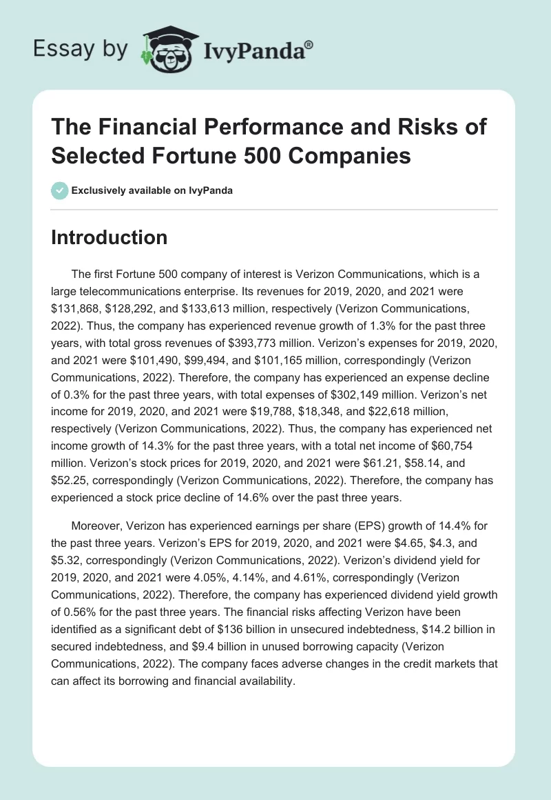 The Financial Performance and Risks of Selected Fortune 500 Companies. Page 1