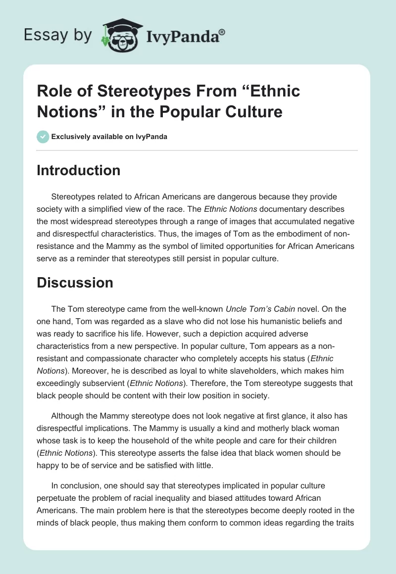 Role of Stereotypes From “Ethnic Notions” in the Popular Culture. Page 1