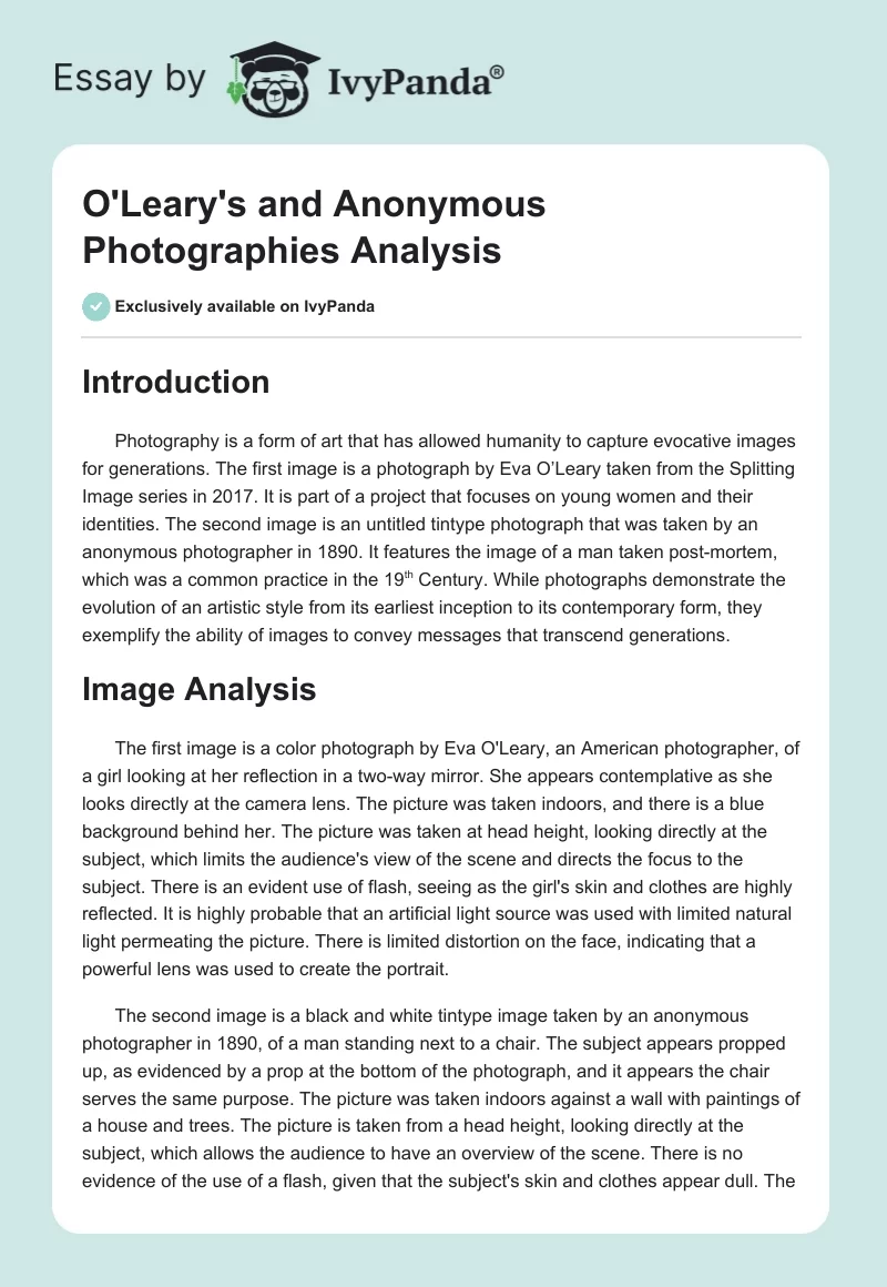 O'Leary's and Anonymous Photographies Analysis. Page 1