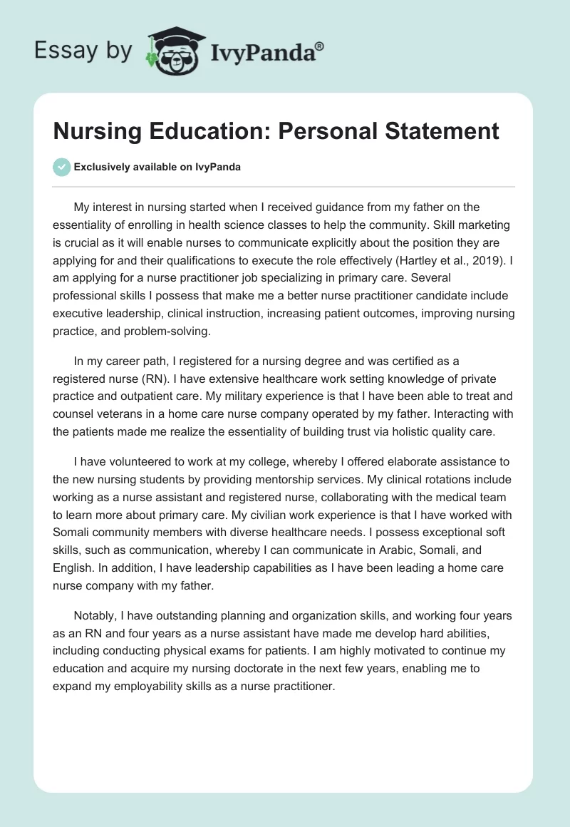 Nursing Education: Personal Statement. Page 1