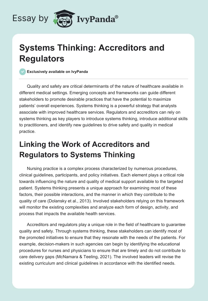 Systems Thinking: Accreditors and Regulators. Page 1