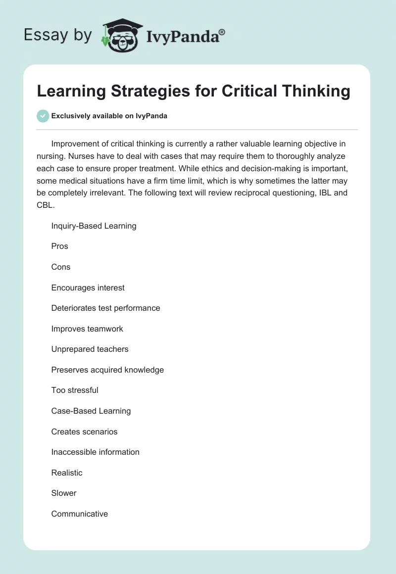 Learning Strategies for Critical Thinking. Page 1