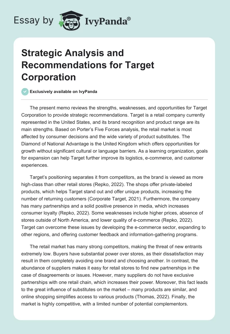 Strategic Analysis and Recommendations for Target Corporation. Page 1