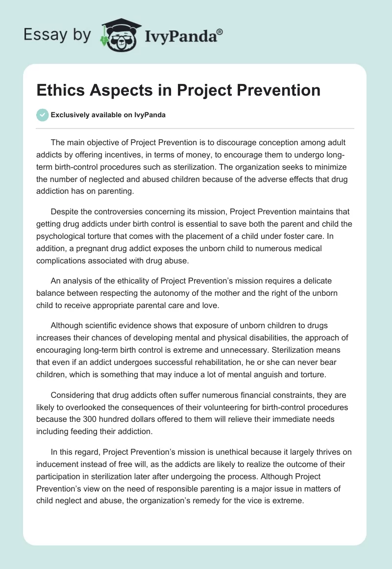 Ethics Aspects in Project Prevention. Page 1