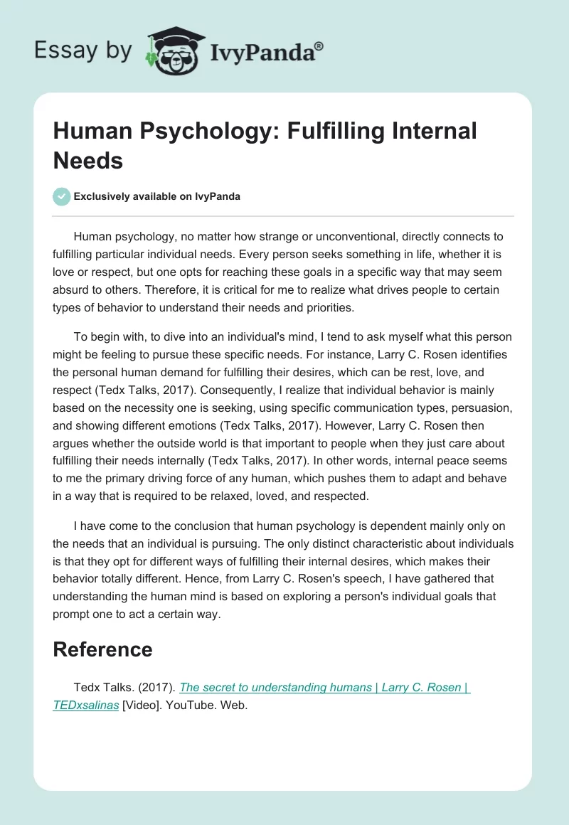 Human Psychology: Fulfilling Internal Needs. Page 1