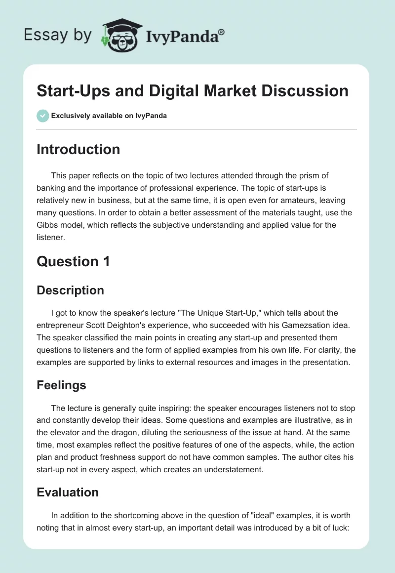 Start-Ups and Digital Market Discussion. Page 1