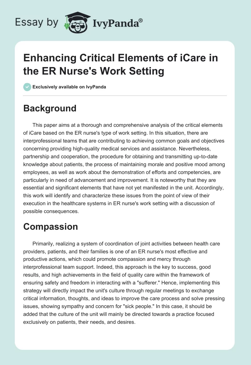 Enhancing Critical Elements of iCare in the ER Nurse's Work Setting. Page 1
