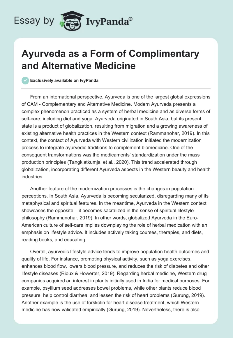 Ayurveda as a Form of Complimentary and Alternative Medicine. Page 1