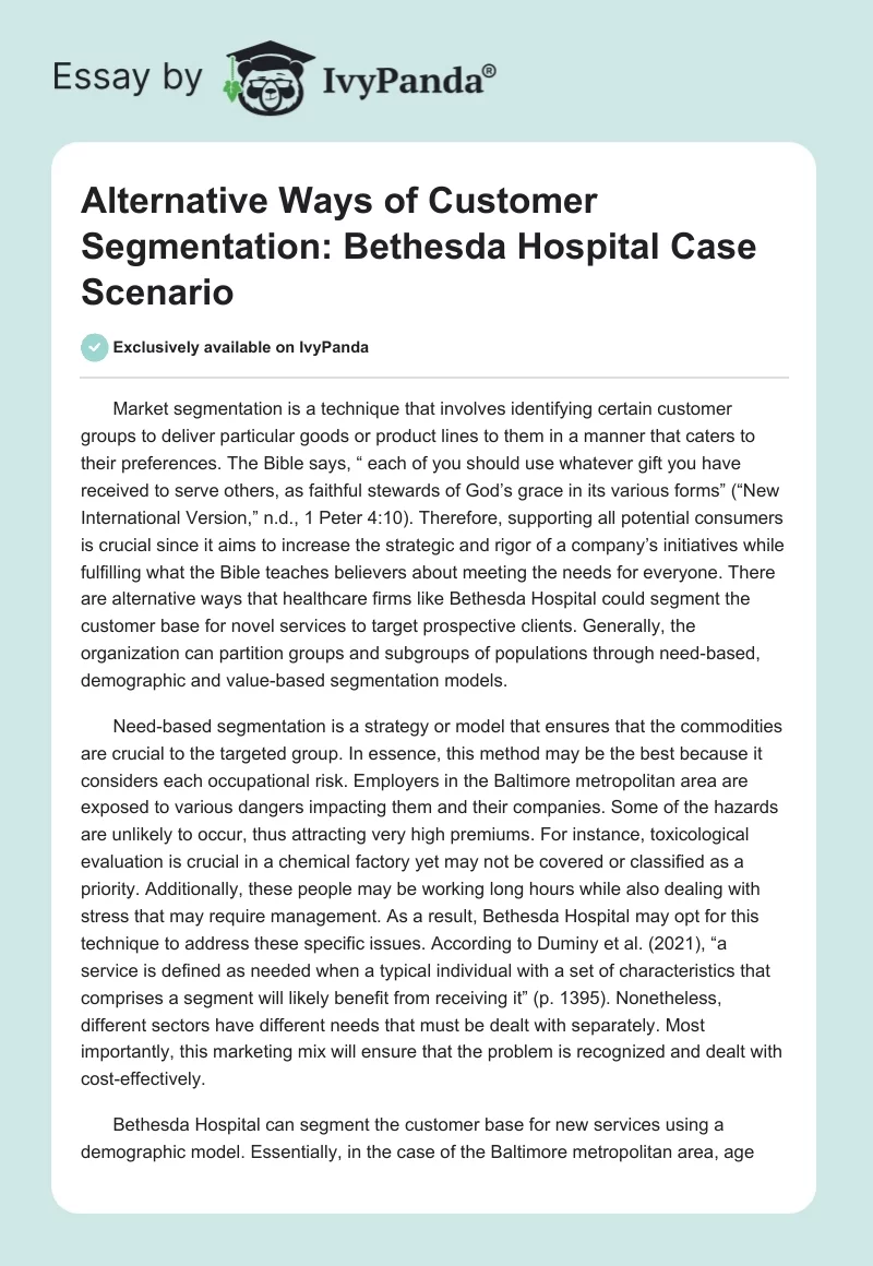 Alternative Ways of Customer Segmentation: Bethesda Hospital Case Scenario. Page 1