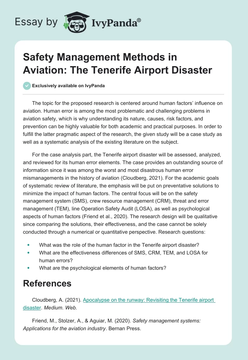 Safety Management Methods in Aviation: The Tenerife Airport Disaster. Page 1