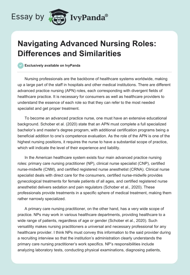 Navigating Advanced Nursing Roles: Differences and Similarities. Page 1