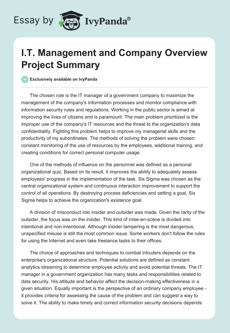 I.T. Management and Company Overview Project Summary. Page 1