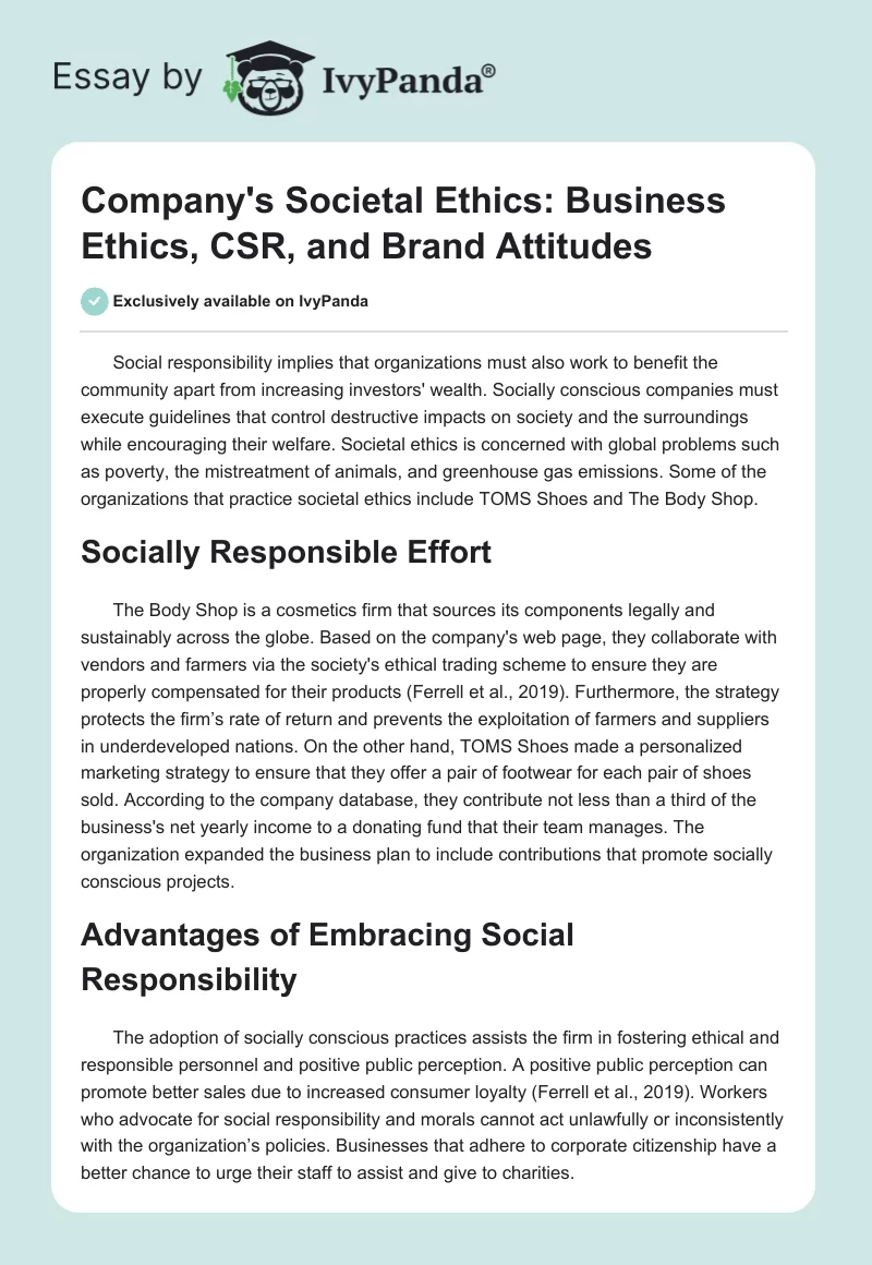 Company's Societal Ethics: Business Ethics, CSR, and Brand Attitudes. Page 1