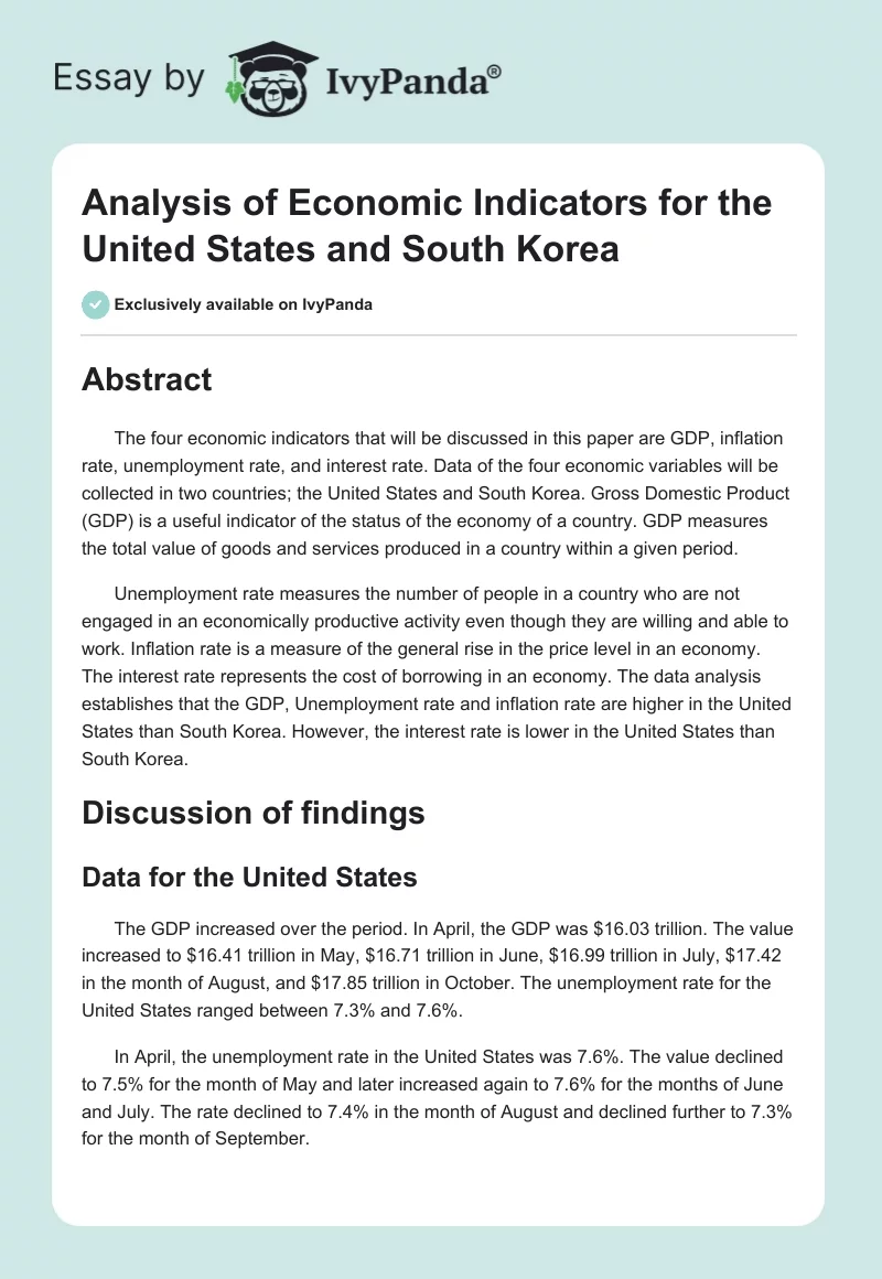 Analysis of Economic Indicators for the United States and South Korea. Page 1