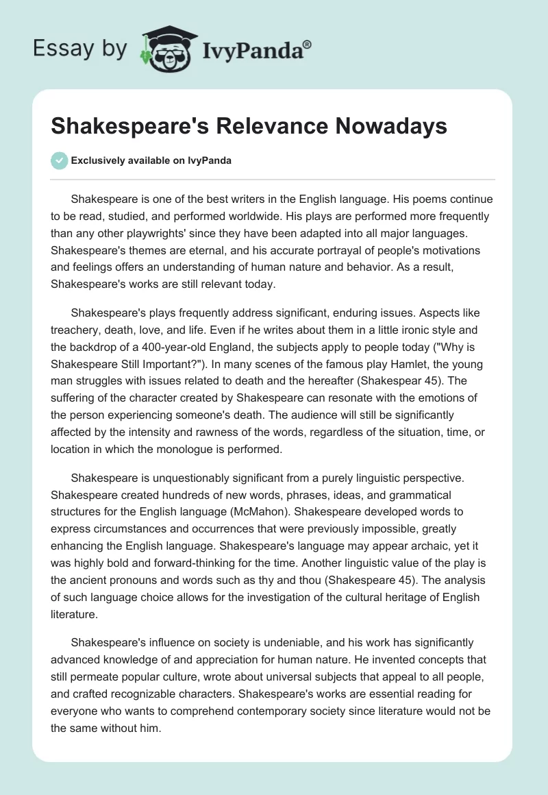 Shakespeare's Relevance Nowadays. Page 1
