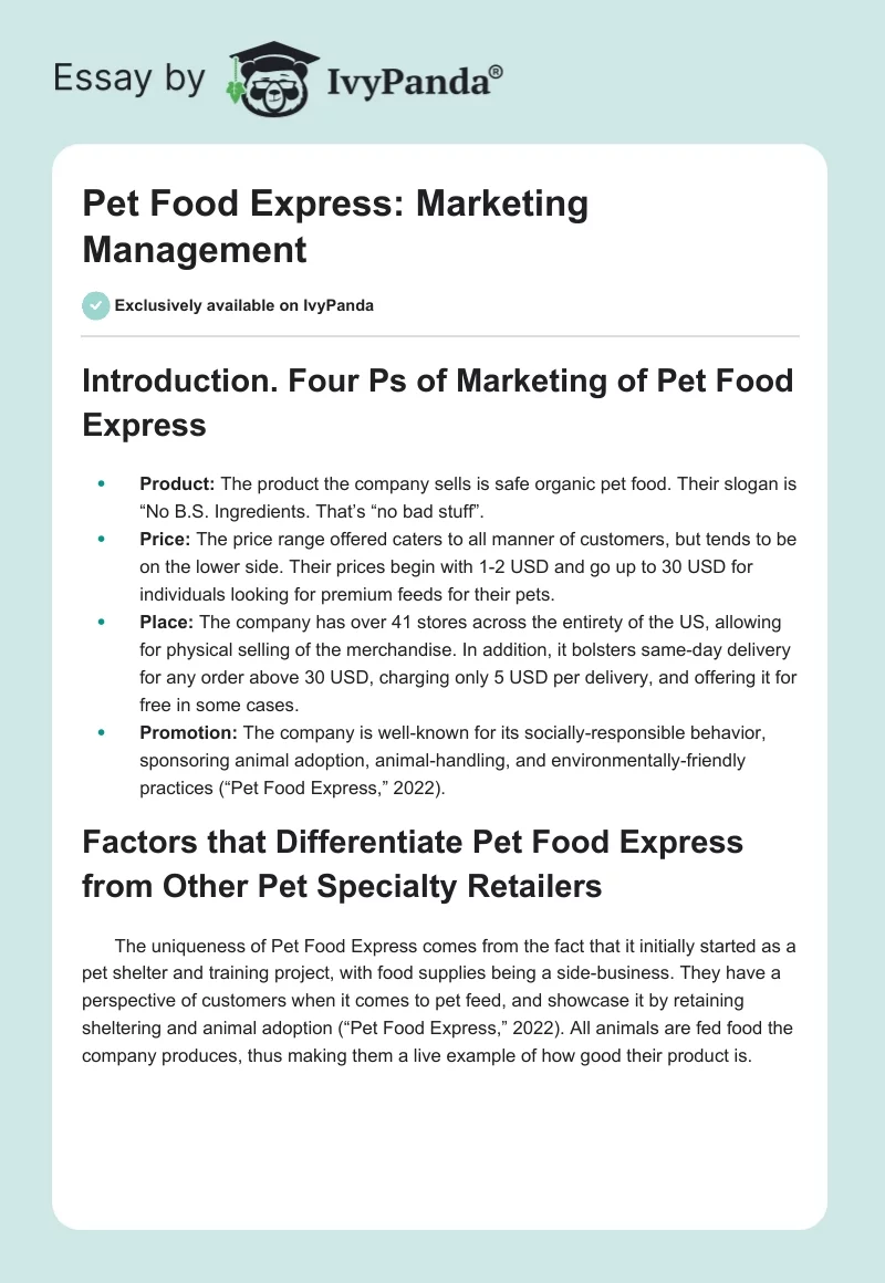 Pet Food Express: Marketing Management. Page 1
