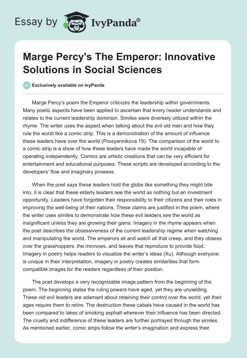 Marge Percy's The Emperor: Innovative Solutions in Social Sciences. Page 1