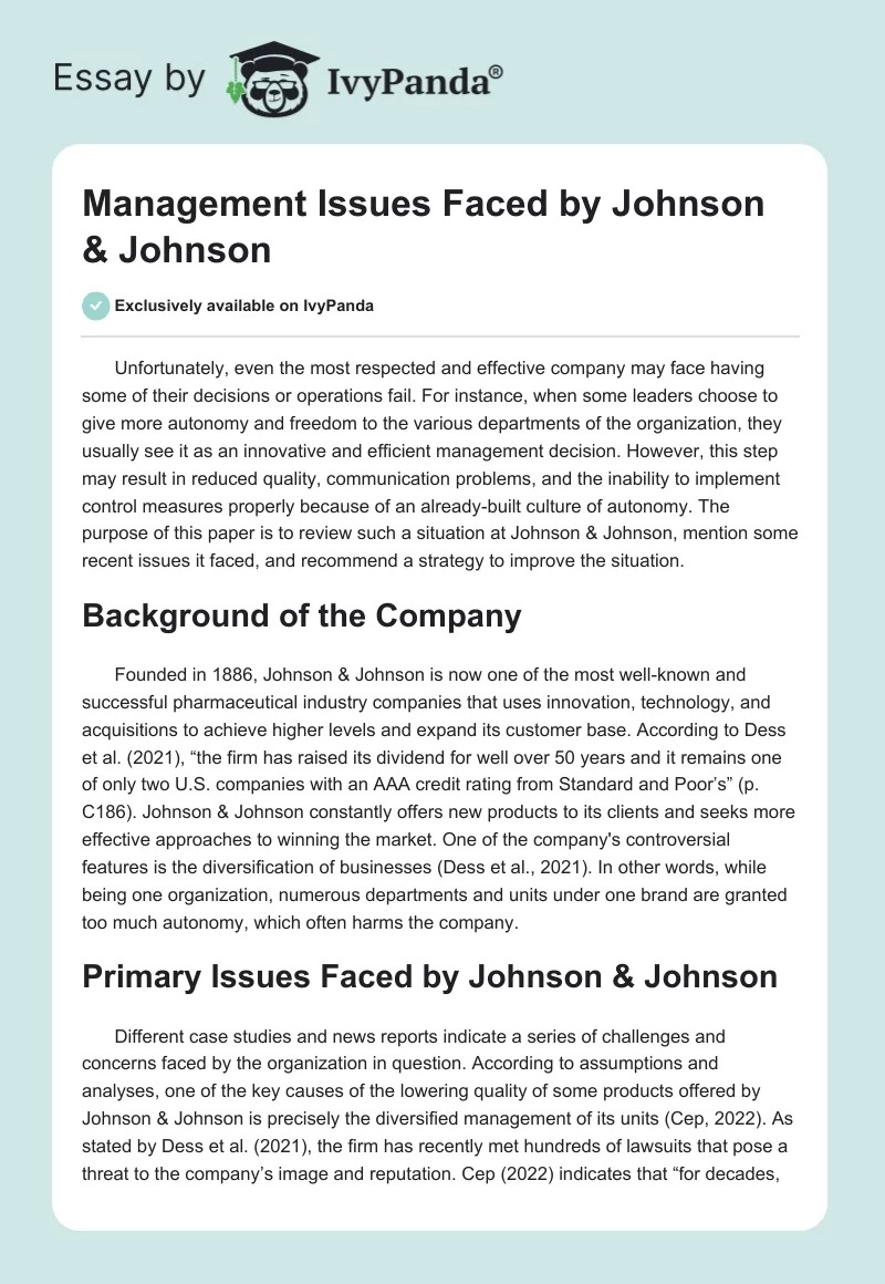Management Issues Faced by Johnson & Johnson. Page 1