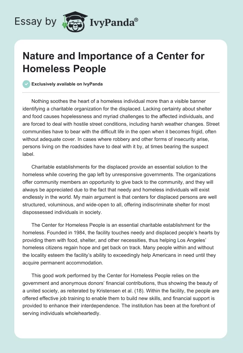 Nature and Importance of a Center for Homeless People. Page 1