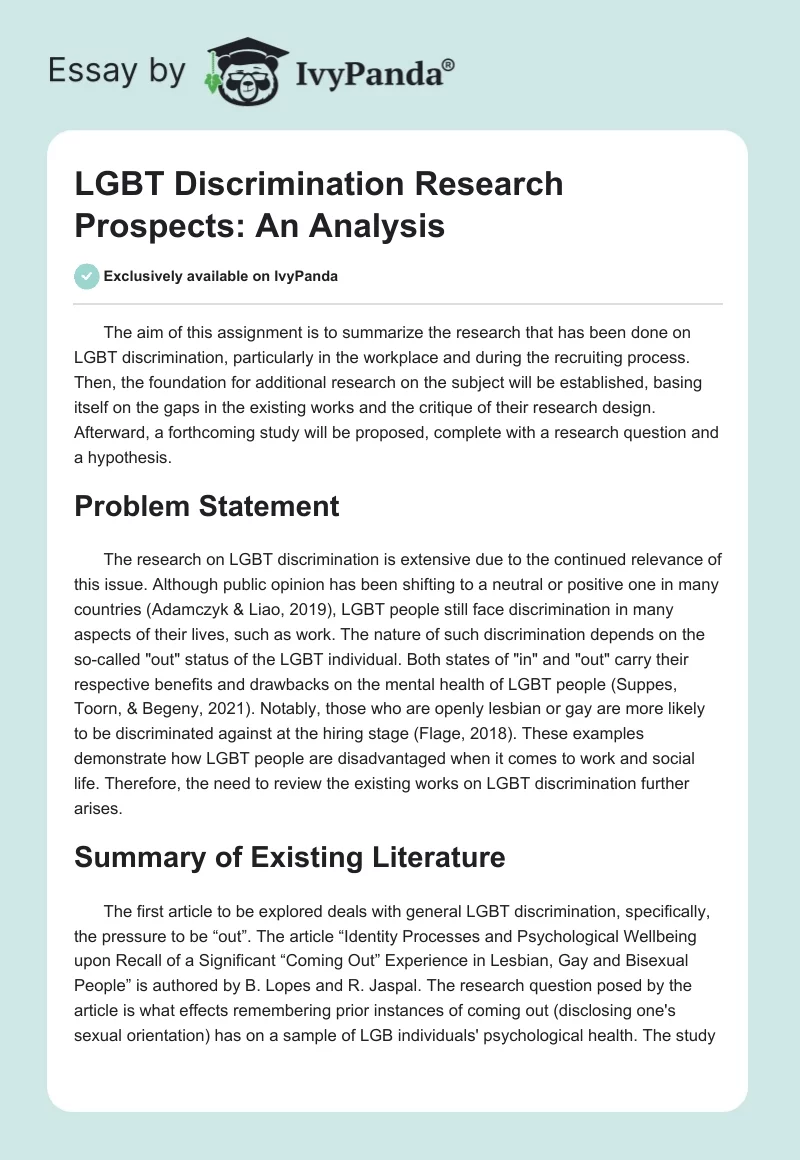 LGBT Discrimination Research Prospects: An Analysis. Page 1