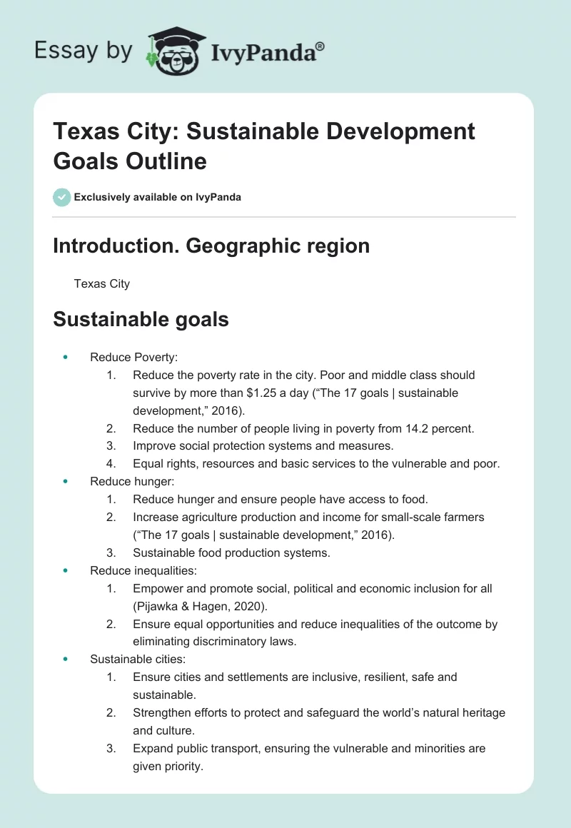 Texas City: Sustainable Development Goals Outline. Page 1