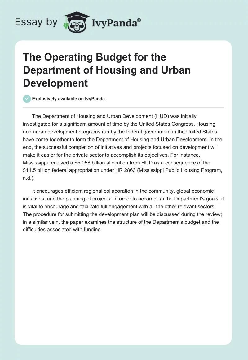 The Operating Budget for the Department of Housing and Urban Development. Page 1