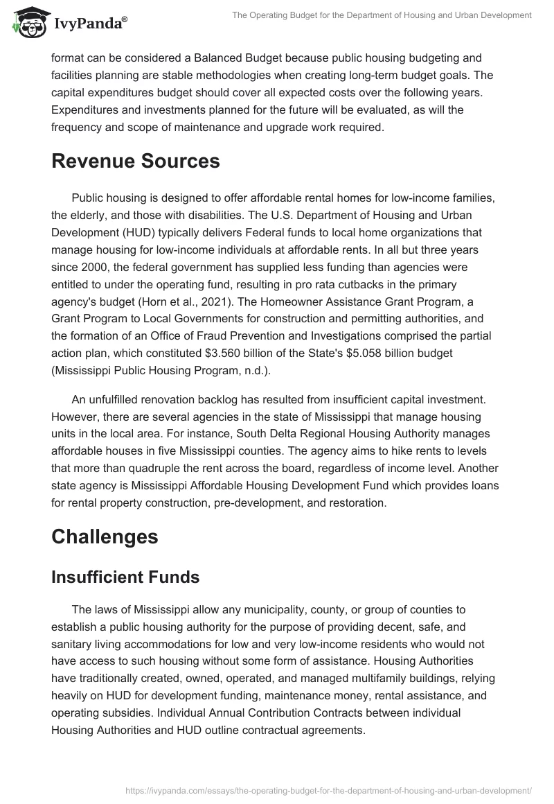 The Operating Budget for the Department of Housing and Urban Development. Page 4